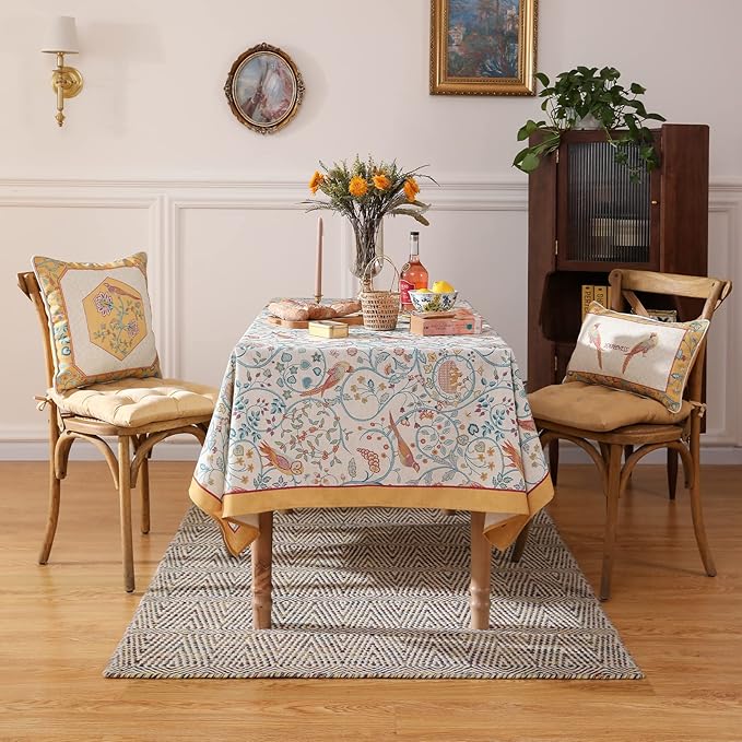 patdrea Designer Vintage French Rectangular Tablecloth,Floral Birds Pattern Linen Table Cloth,Fall Yellow Decor Table Cover for Kitchen Dining Banquet,Christmas,Thanksgiving,63"x87"-Magnolia