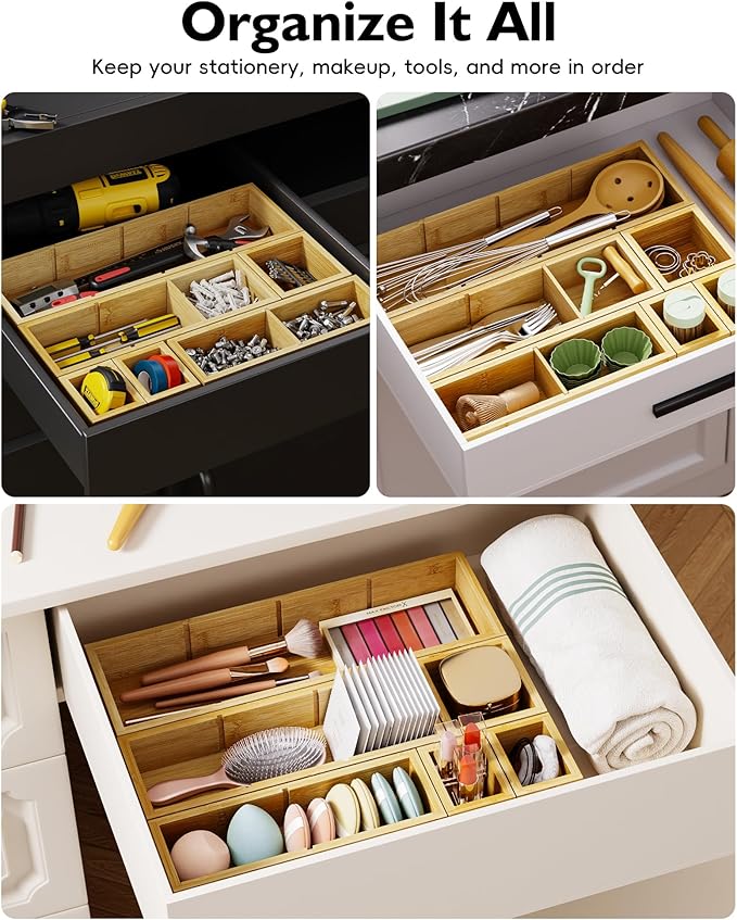 12-Piece Bamboo Desk Drawer Organizer Set – Adjustable Storage Boxes with 24 Compartments, Non-Slip, Modular Design for Office, Jewelry, Vanity, and Kitchen Utensil Drawer Storage