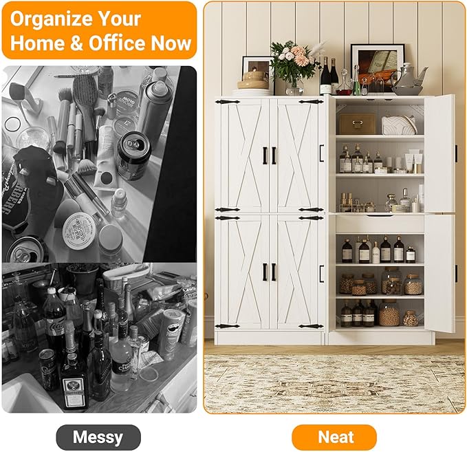 Unikito Kitchen Pantry Cabinet with Farmhouse Barn Doors and Storage Drawer, 8 Adjustable Shelves, Freestanding Tall 71" Cupboard for Dining Room, Living Room, Utility Room, White, 2 Pack