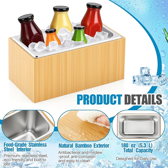 Ice Housing Bin with Removable Tray Ice Holder Container Wine Beer Champagne Drink Bucket Beverage Tub for Freezer Display Buffet Bar Counter Party Drink Chiller(Bamboo and Steel,13.4" X 7.3" X 6.7")