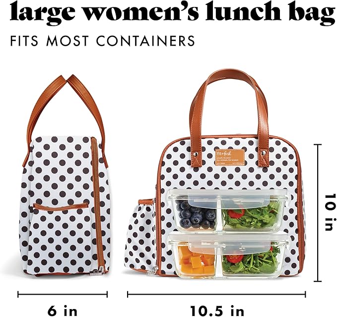 Fit & Fresh Lunch Bag For Women, Insulated Womens Lunch Bag For Work, Leakproof & Stain-Resistant Large Lunch Box For Women With Containers and Bottle, Zipper Closure Wichita Bag White Dot