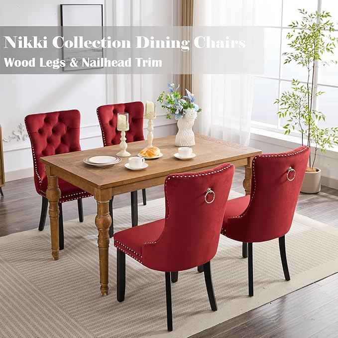 Velvet Dining Chairs Set of 2, Upholstered Dining Room Chairs with Back Ring Pull Trim and Solid Wood Legs,Tufted Wingback Kitchen Chairs for Dining Room,Kitchen(Wine Red)
