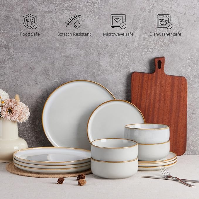 E-far Plates and Bowls Set for 2, 6-Piece Stoneware Dinnerware Sets, Ceramic Dinning Ware Reactive Glaze Dishes Set, Microwave & Dishwasher Safe - Seashell White