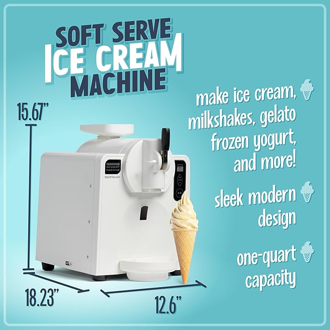 Nostalgia Easy-Dispensing Soft Serve Ice Cream & Frozen Dessert Machine, Makes 1 Quart of Ice Cream, Milkshakes, Frozen Yogurt, Gelato in Minutes, Ice Cream Sandwiches, With LED Display, White