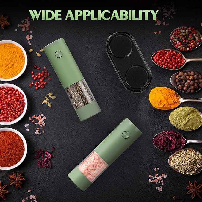 Salt and Pepper Grinder Set Mom Gifts, Electric Automatic Green Salt Pepper Shakers Home Kitchen Gadgets for New Home, Adjustable Coarseness Pepper Grinder Kitchen Appliances