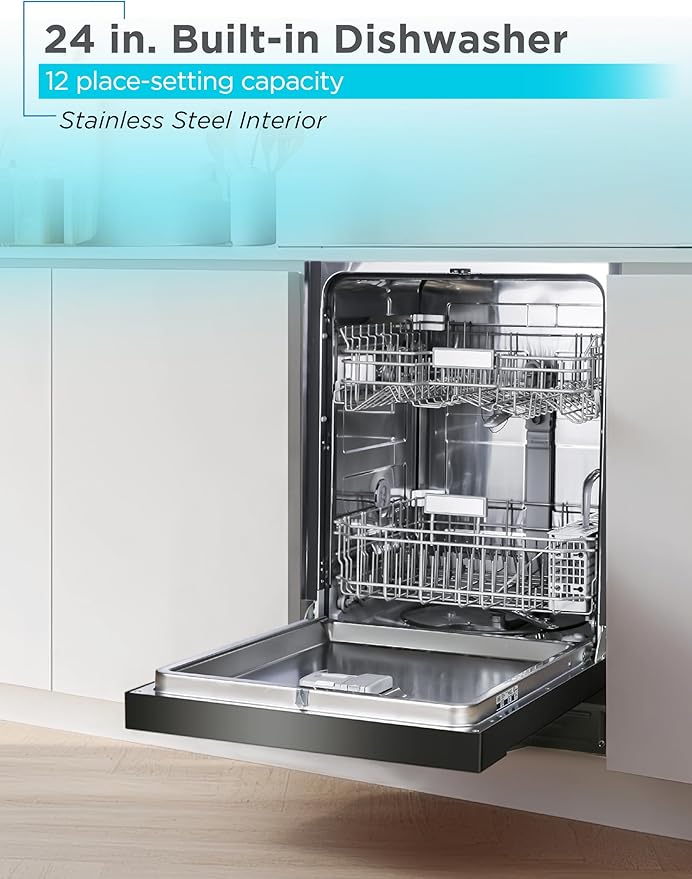 BLACK+DECKER 24" Built-In Dishwasher, 12-Place Setting Capacity with Stainless Steel Tub, Dish Washer with 5 Wash Programs and Smart Wash Cycle, ENERGY STAR Certified, BDW100MB, Black