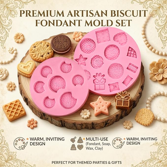 Cookie Fondant Molds, Mini Cake Decorating Silicone Mold Set of 2, Perfect for Cupcake Toppers, Cookie Dough, Sugar Craft Glue, Candy Chocolate, Flower Paste, Clay, Resin, Gypsum