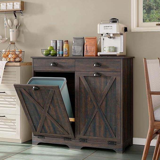 Furniouse Farmhouse Trash Can Cabinet, Double Tilt Out Trash Bin Cabinet with Barn Doors & Hideaway Drawers for Kitchen, Dark Brown