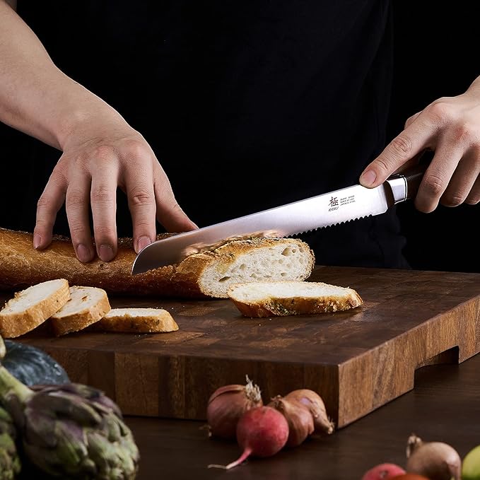 KYOKU 10 Inch Bread Knife - Daimyo Series - Serrated Knife with Ergonomic Rosewood Handle, and Mosaic Pin - Japanese Style 440C Stainless Steel Bread Cutter with Sheath and Case