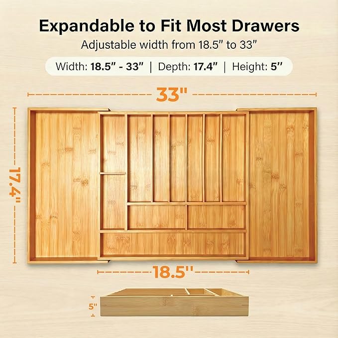 Expandable Kitchen Organizer – Adjustable 33” Wide Utensil Kitchen Drawer with 11 Compartments, Natural Solid Bamboo Construction for Flatware