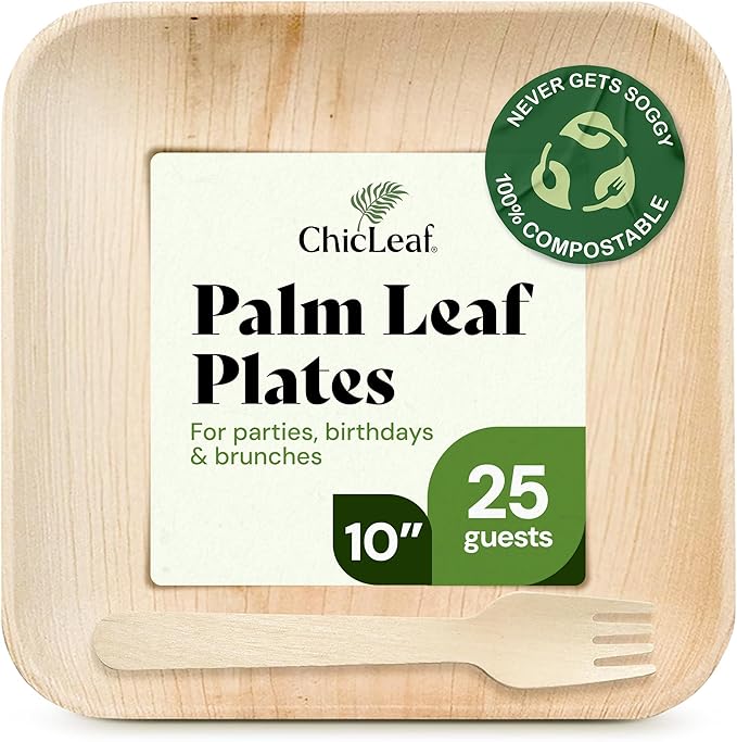 Chic Leaf Palm Leaf Plates Disposable Inch Square Pack Compostable Biodegradable & Eco Friendly Plates - Microwave Safe Disposable (10'' - 25 Pack)