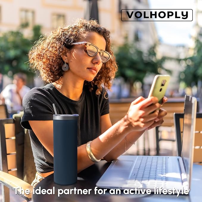 Volhoply 20 oz Skinny Tumbler with Lid and Straw, Stainless Steel Straight Tumblers Cup, Vacuum Insulated Coffee Mug for Home, Office, Travel, DIY (Navy,1 Pack)