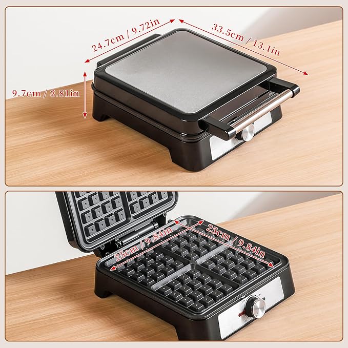 UVFAST Waffles Maker Waffle Iron, 4 Belgian Square Waffle Maker, Belgian Waffle Maker Thick with Non-stick Plate, Breakfast Waffle Machine Make Waffle in Minutes, 3 Browning Level, 1200W