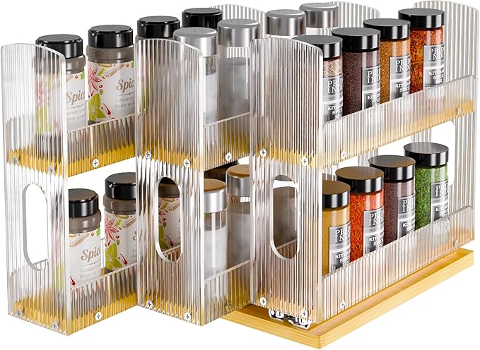 NiHome Bamboo Pull-Out Spice Rack Organizer for Cabinet, 3-Drawer Vertical Slide Out Seasoning Rack Storage Shelf for Kitchen Pantry, Bamboo Frame with Wave-Pattern Acrylic Divider (8.5” Wide, 2-Tier)