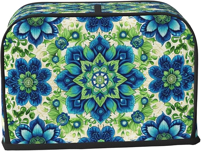 Green Blue Batik Toaster Cover 2 Slice, Cute Rural Bread Machine Cover, Washable Dust-Proof Cover for Kitchen Small Appliance Cover,with Top Handle