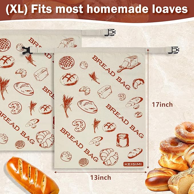 Reusable Beeswax Bread Bags for Homemade Bread, 2 Pack XL 17x13 Inch – Natural Cotton Linen Sourdough Storage Bags-Only One Bag Had Zipper
