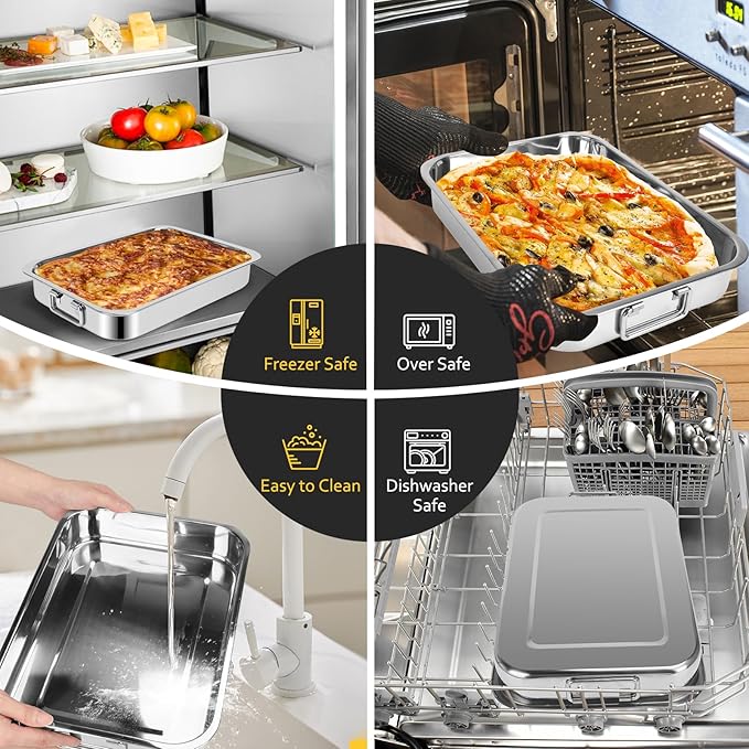 15.5" Stainless Steel Roasting Pans with Handles, Baking Pan for Oven with 2 Racks, Heavy Duty, Dishwasher Safe Rectangular Lasagna Pan with Handles for Turkey Chicken, Silver