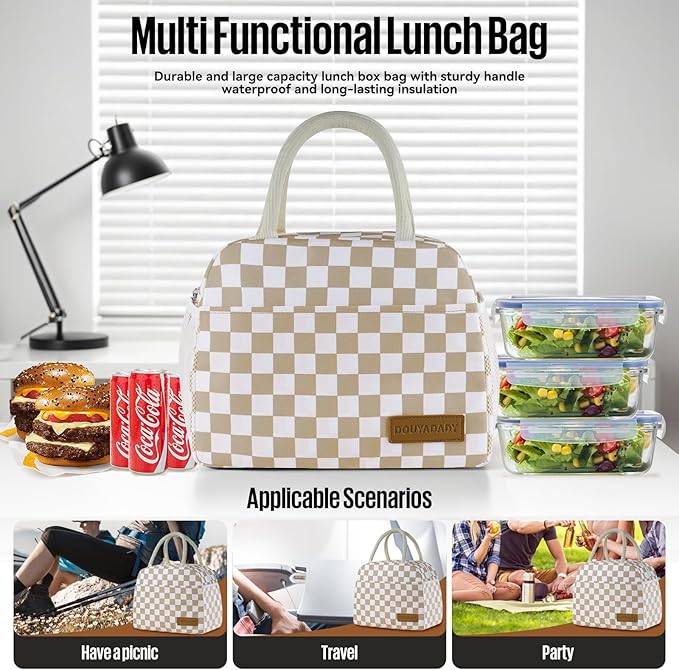 douyadady Lunch Bag Women/Men Lunch Box Women/Men (Khaki+White Checkerboard)