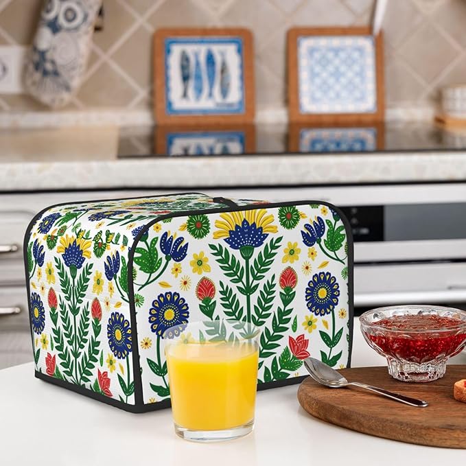 Mexican Folk Flowers Covers for 4 Slice Toasters,Cute Country Bread Machine Cover with Handle,Washable Stain Resistant Kitchen Small Appliance Cover Dining Decor