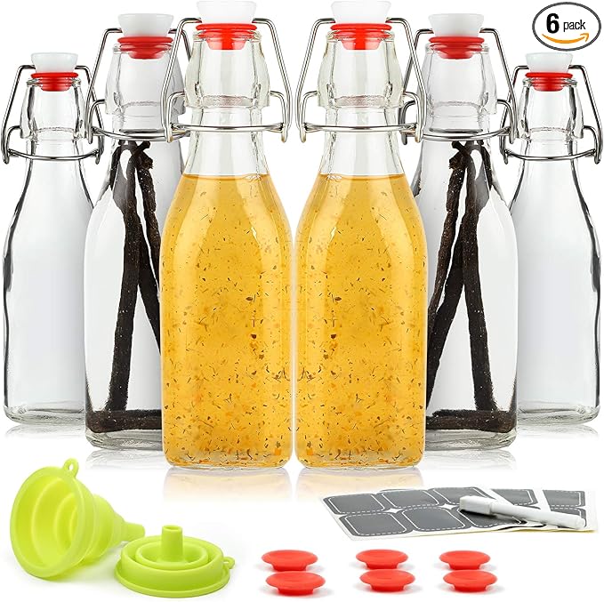 WILLDAN Set of 6-8.5oz Swing Top Glass Bottles - Flip Top Brewing Bottles For Kombucha, Kefir, Vanilla Extract, Beer - Airtight Caps and Leak Proof Lids, Bonus Gaskets and Funnel