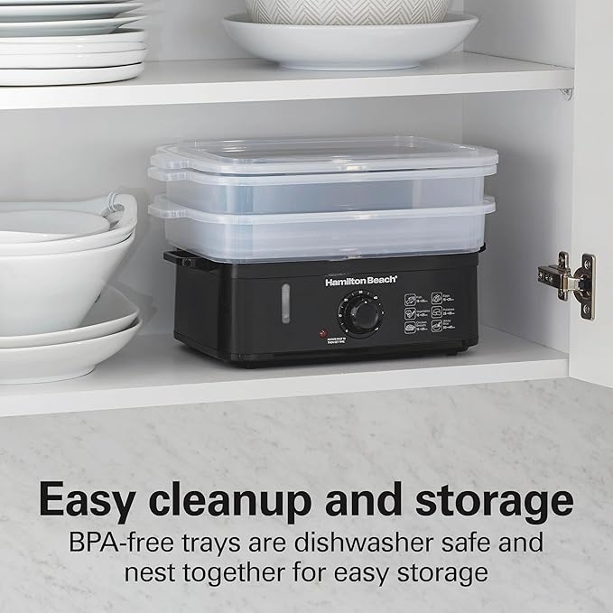 Hamilton Beach Electric Food Steamer, Rice Cooker & Egg Boiler for Quick, Fast Healthy Cooking with Stackable Three-Tier Bowls for Vegetables and Seafood, 9.5 Quarts, Auto Shutoff, Black (37430)