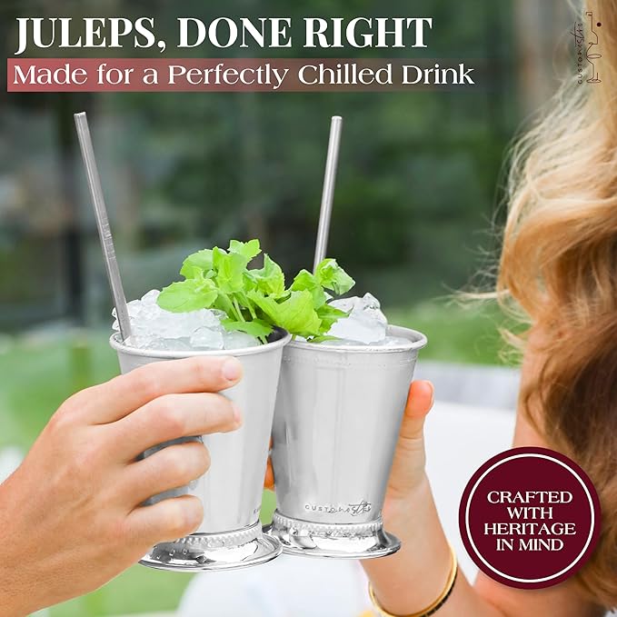 Gusto Nostro Mint Julep Cups Set of 4 - Stainless Steel Julep Cup Kit with Straws, Muddler, Spoon,Recipes, Vases - Southern-style Cocktail Glasses for Home Bar - Stainless Steel Cocktail Cups (Silver)