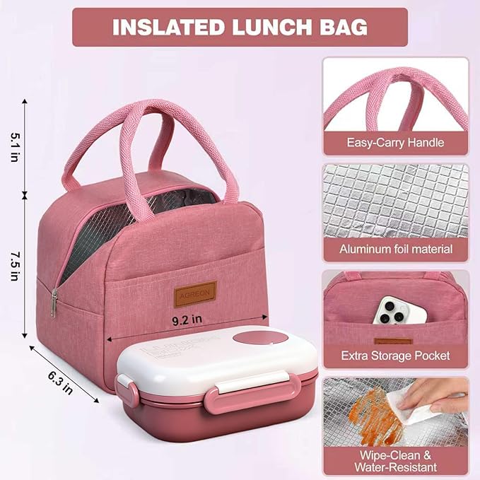Lunch Bento Box Set - 3 Compartment Containers for Kids and Adults,lunch box for women with Thermo Lunch Bag, Leak-Proof and BPA-Free - Built-in Utensil Set,Sauce - Dishwasher Safe-Claret