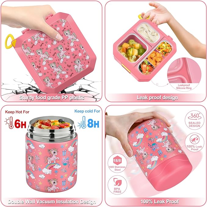 wiwens Bento Lunch Box for Kids with 12oz Soup Thermo Leak-Proof Lunch Food Container with 5 Compartment Thermo Hot Food Jar and Insulated Lunch Bag for Kid Toddler Girls Boys to School