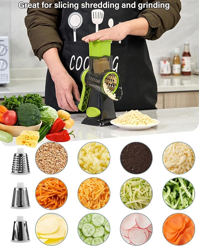 Rotary Cheese Grater hand crank, 3 Blades Cheese shredder with Stronger Suction Base | Stainless Steel Blades for Fruits, Vegetables, Nuts. Easy to Clean, Transparent Black & Green