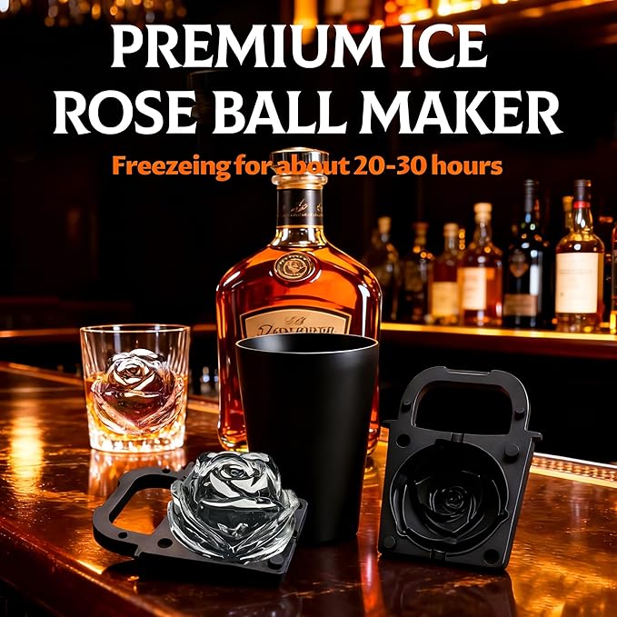 Clear Ice Cube Maker Tray – 2.3 Inch Large Rose Ice Ball Mold, Stainless Steel & Silicone, Slow Melting Crystal Ice for Whiskey, Cocktails, and Home Bar Use