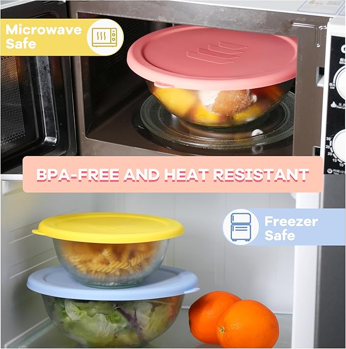 3 Pack Silicone Lids Only Fit for Pyrex 322-1 Quart / 323-1.5 Quart / 325-2.5 Quart Smart Essentials Rimmed Glass Mixing Bowls, Dishwasher and Microwave Safe (Lids Only)