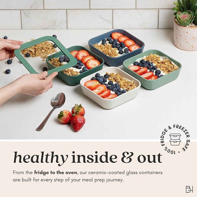 Ceramic Coated Glass Food Storage Container | No PTFE, PFOA, PFAS, and BPA | Reusable Non Toxic Meal Prep Container with Glass Lid | Easy To Store | 8 Cup Square [Onyx]