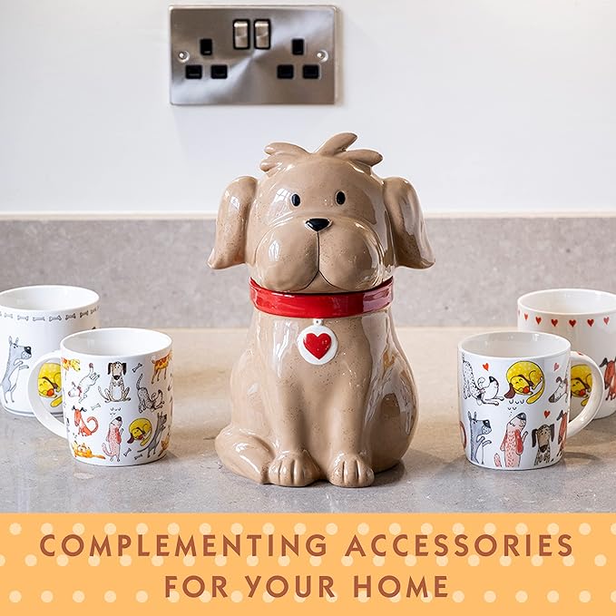 SPOTTED DOG GIFT COMPANY Ceramic Cookie Jar with Lid, Large Dog Treat Jar for Cookies & Biscuits, Cute Novelty Storage Container for Kitchen Counter, Gifts for Dog Lovers - 49oz Brown