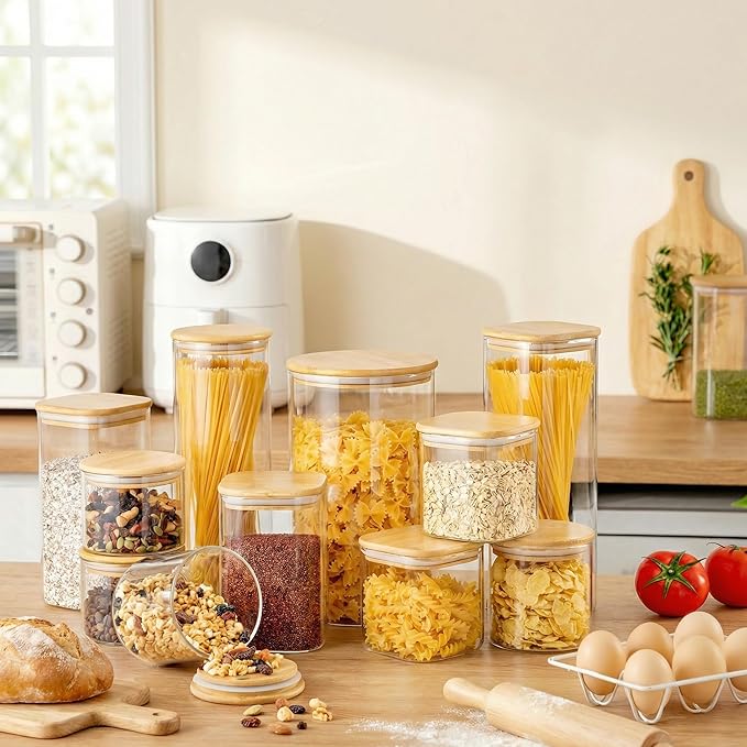 Multi Size - 5 Pack Square Glass Jars with Bamboo Lids, Glass Food Storage Containers with Airtight Lids for Kitchen, Air Tight Pantry Storage Containers for Cereal, Pasta, Rice, Sugar, Coffee, Spice