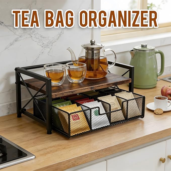 Tea Bag Organizer With Adjustable Drawer, Teabag Bar Holder Organizer For Counter, Wood ＆ Metal Station Storage Chest Display, Coffee Packet Containers Box For Countertop Kitchen Office Rustic Brown