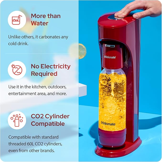 Drinkmate OmniFizz Sparkling Water Maker & Soda Streaming Machine | Carbonates Any Drink | PREMIUM KIT | Includes Four 60L CO2 Cartridges + One BPA-Free Bottle (Royal Red)