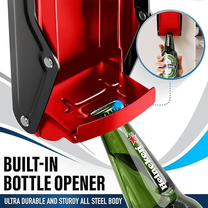 Can Crushers for Recycling - 16 oz Heavy Duty Aluminum Can Crusher Wall Mounted - Soda and Beer Can Smasher for Recycling with Bottle Opener - For 12 and 16 oz Cans - Easy to Install, Red - RamPro