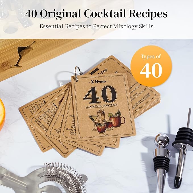 X Home Bartender Kit with Stand, Cocktail Shaker Set for Enthusiasts and Beginners | Includes Martini Shaker, Easy-to-Measure Jigger, Hawthorne Strainer, Mixing Spoon and More, Bartender Kit Gifts