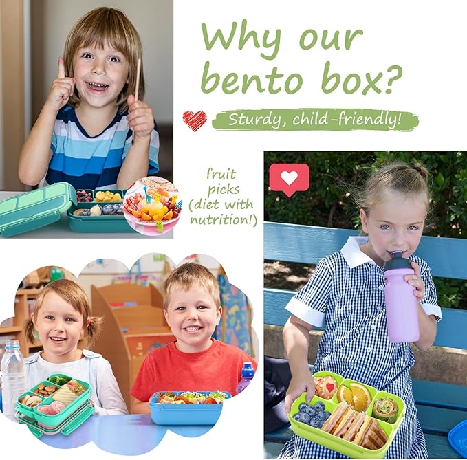 QQKO Bento Box for Kids Adults, School Toddler Lunch Box for Boys Girls, Lunch Box Containers with 4 Compartments, Sauce Container, Utensils, Food Picks and Muffin Cups for School, Pink Yellow Green