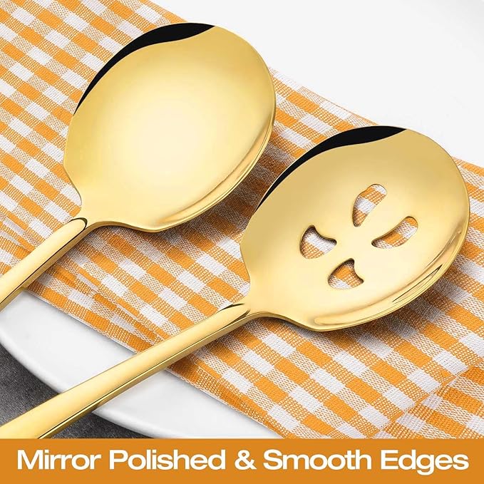 Extra Large Serving Spoons Set 11.7-Inch Gold Serving Slotted Spoon x 2 Serving Spoon x 2, 18/8 Stainless Steel Big Serving Utensil for Buffet, Parties, Catering - Dishwasher Safe(4-Pack, Gold)