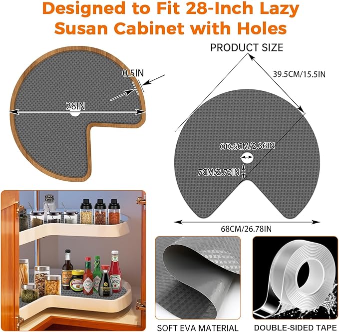2 Pack 26In Lazy Susan Shelf Liner, Upgraded Composite Materials Circle Lazy Susan Liner for Kitchen Cabinets, Non Adhesive Liners Mats for Shelf Drawer Refrigerator Cupboard, Gray