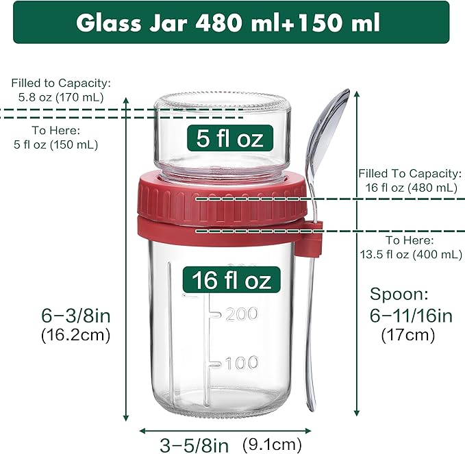 Danmu 2 Pack Overnight Oats Containers with Lids 16 oz,Dual-Layer Yogurt Parfait Cups with Lids,Meal Prep Containers Glass for Snack,Overnight Oats,Yogurt,Parfait,Salad Dishwasher Safe