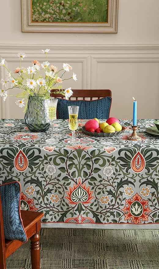 ISAENNE Designer Bohemian Linen Green Rectangular Tablecloth,Floral Indoor Table Cloth,Stain Resistant Decor Tablecloths for Dining Thanksgiving Kitchen Party Christmas,55"*87"-Naples