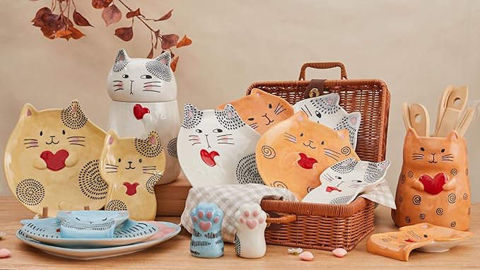 Bico Cartoon Cat Handpainted Stoneware Air Tight White 10.2 inch Cookie Jar, Dishwasher Safe, for storing Cookie, Candy, Coffee
