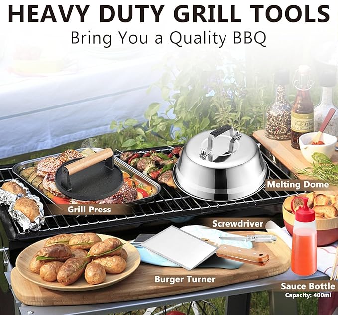 Griddle Accessories Smash Burger Kit (5Pcs), Joyfair Grill Spatula with 9in Melting Dome & Bacon Press Set, Stainless Steel Turner, Basting Cover, Cast Iron Press for Outdoor BBQ (Wooden Handle)