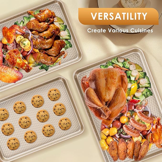 Baking Sheet Pan Set of 3, Nonstick Carbon Steel Cookie Sheets with Texture, Commercial Half/Quarter/Jelly Roll Pans Replacement Toaster Oven Tray, Heavy Duty & Easy Clean, Champagne Gold