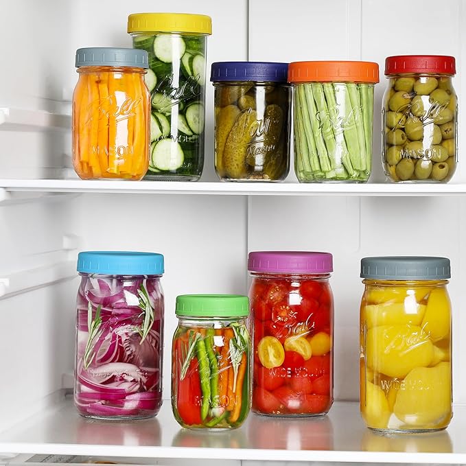 AOZITA 10 WIDE Mouth & 10 REGULAR Mouth Mason Jar Lids - 20 Pack Food Grade Plastic Mason Jar Caps for Ball, Kerr and More Canning Jars - Leakproof & Dishwasher Safe - Multicolor