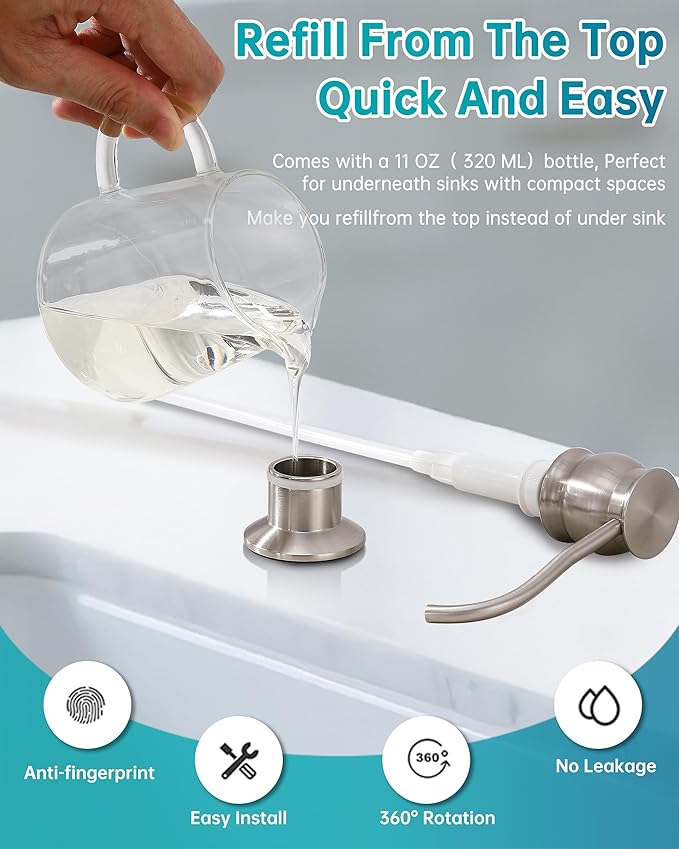 Built in Deck Mount Liquid Lotion Kitchen Countertop Metal Soap Dispenser, Brushed Nickel Brass Dispenser Pump with 500ml (17oz) High Capacity Bottle