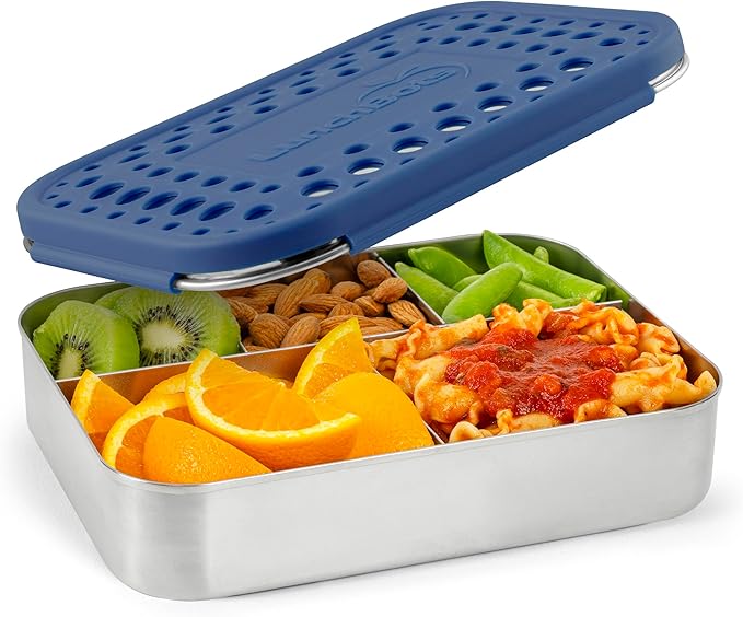 LunchBots Large Cinco Stainless Steel Lunch Container - Five Section Design Holds a Variety of Foods - Metal Bento Box - Dishwasher Safe - Stainless Lid - Blue Dots