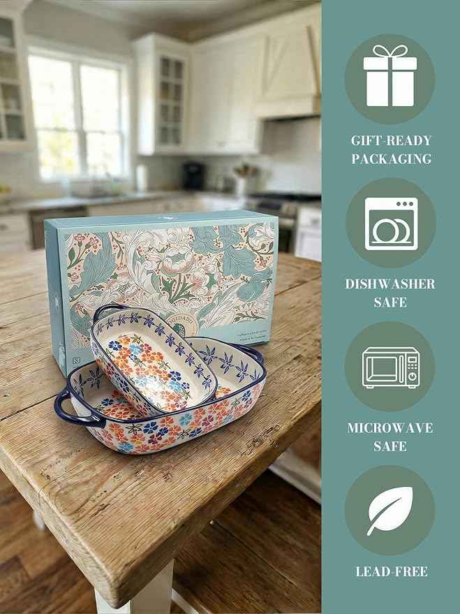 Polish Pottery Style Ceramic Baking Dish Set, 2-Piece Casserole Bakers for 2–3 People, Floral Decorative Bakeware, Oven Safe Lasagna Pan, Microwave Dishwasher Safe, Gift-Ready, Protective Packaging